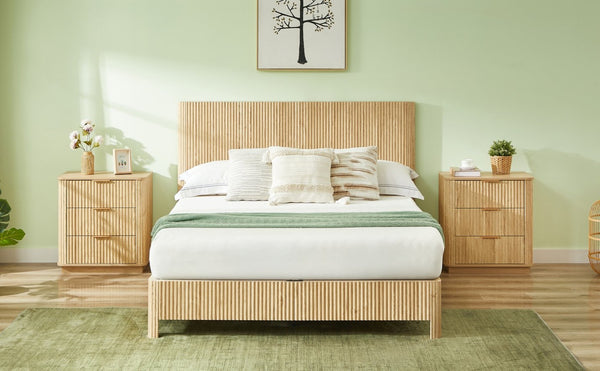 English Elm Queen Platform Bed Oak Finish Corrugated Curved Wood No Box Spring Required Frame W1820P414054