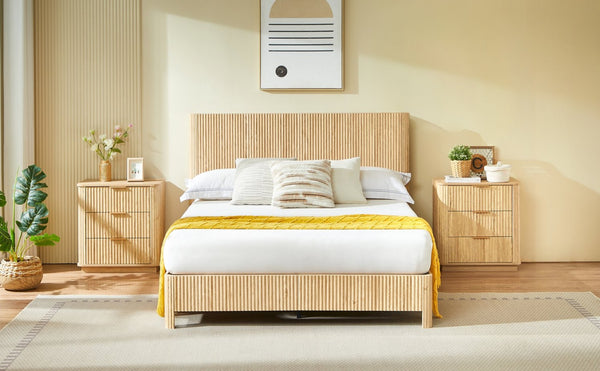 English Elm Queen Platform Bed Oak Finish Corrugated Curved Wood No Box Spring Required Frame W1820P414054