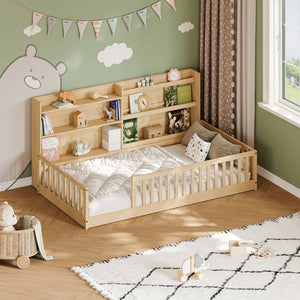English Elm Full Size Kids Iron Bed with LED Lights Roof Peaked Frame Cabin Bedroom Decor Natural Pine 77.2" L x 48.82" W x 33.46" H W1820P416392