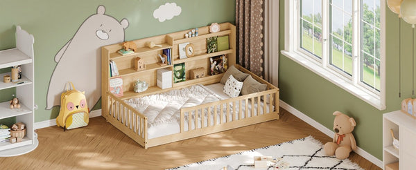 English Elm Full Size Kids Iron Bed with LED Lights Roof Peaked Frame Cabin Bedroom Decor Natural Pine 77.2" L x 48.82" W x 33.46" H W1820P416392