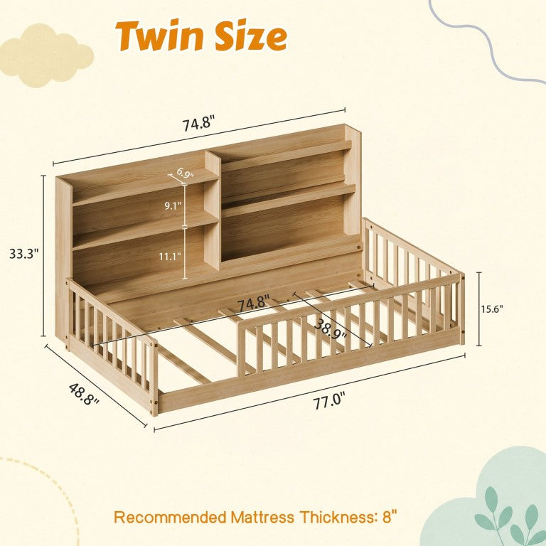 English Elm Full Size Kids Iron Bed with LED Lights Roof Peaked Frame Cabin Bedroom Decor Natural Pine 77.2" L x 48.82" W x 33.46" H W1820P416392