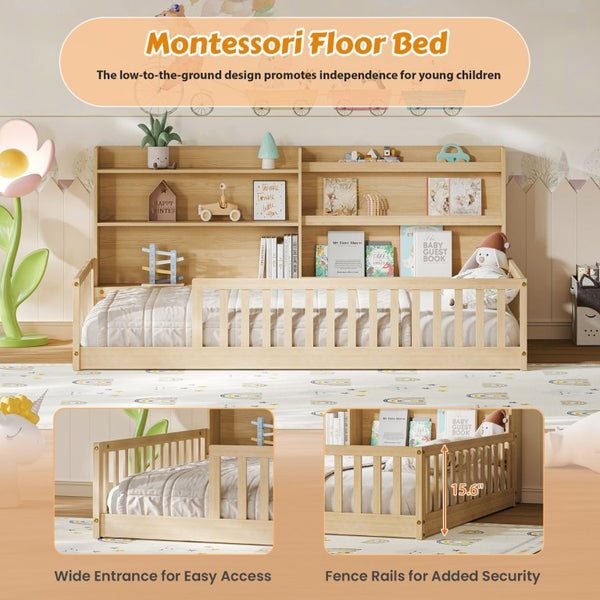 English Elm Full Size Kids Iron Bed with LED Lights Roof Peaked Frame Cabin Bedroom Decor Natural Pine 77.2" L x 48.82" W x 33.46" H W1820P416392