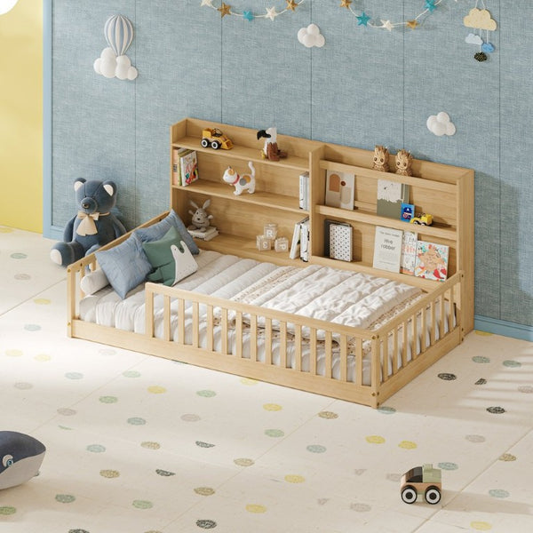 English Elm Full Size Kids Iron Bed with LED Lights Roof Peaked Frame Cabin Bedroom Decor Natural Pine 77.2" L x 48.82" W x 33.46" H W1820P416392