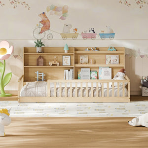 English Elm Full Size Kids Iron Bed with LED Lights Roof Peaked Frame Cabin Bedroom Decor Natural Pine 77.2" L x 48.82" W x 33.46" H W1820P416392