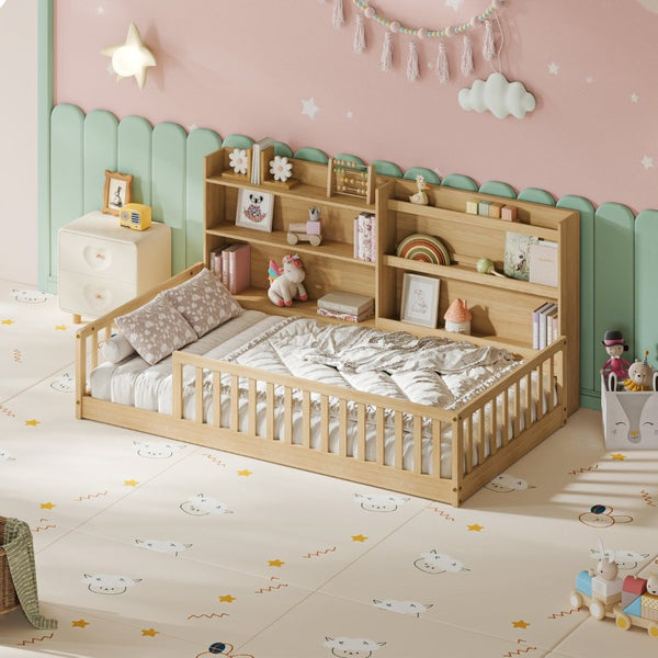English Elm Full Size Kids Iron Bed with LED Lights Roof Peaked Frame Cabin Bedroom Decor Natural Pine 77.2" L x 48.82" W x 33.46" H W1820P416392