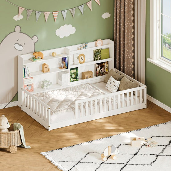 English Elm Twin Montessori Floor Bed Solid Pine Frame with Bookshelf Rails and Wide Entry Twin White W1820P416393
