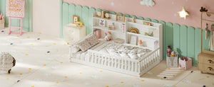 English Elm Twin Montessori Floor Bed Solid Pine Frame with Bookshelf Rails and Wide Entry Twin White W1820P416393