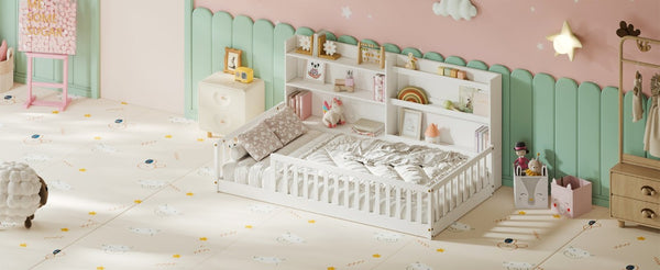 English Elm Twin Montessori Floor Bed Solid Pine Frame with Bookshelf Rails and Wide Entry Twin White W1820P416393