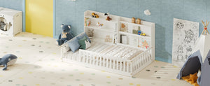 English Elm Twin Montessori Floor Bed Solid Pine Frame with Bookshelf Rails and Wide Entry Twin White W1820P416393