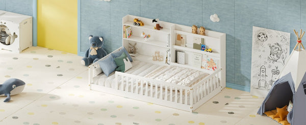 English Elm Twin Montessori Floor Bed Solid Pine Frame with Bookshelf Rails and Wide Entry Twin White W1820P416393