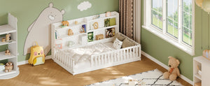 English Elm Twin Montessori Floor Bed Solid Pine Frame with Bookshelf Rails and Wide Entry Twin White W1820P416393