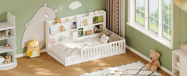 English Elm Twin Montessori Floor Bed Solid Pine Frame with Bookshelf Rails and Wide Entry Twin White W1820P416393