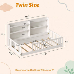 English Elm Twin Montessori Floor Bed Solid Pine Frame with Bookshelf Rails and Wide Entry Twin White W1820P416393