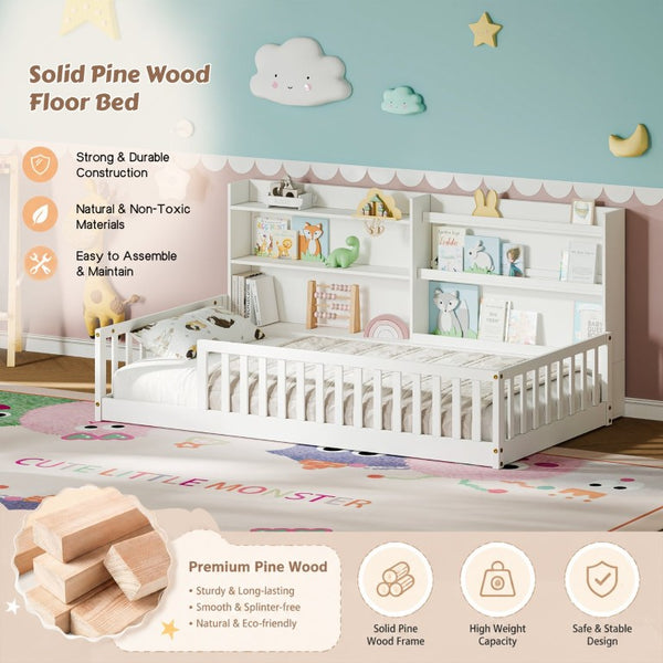 English Elm Twin Montessori Floor Bed Solid Pine Frame with Bookshelf Rails and Wide Entry Twin White W1820P416393