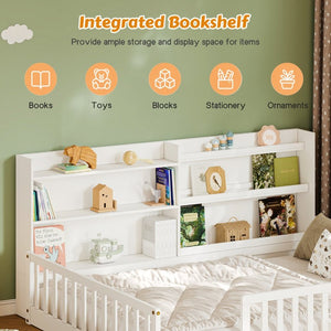 English Elm Twin Montessori Floor Bed Solid Pine Frame with Bookshelf Rails and Wide Entry Twin White W1820P416393