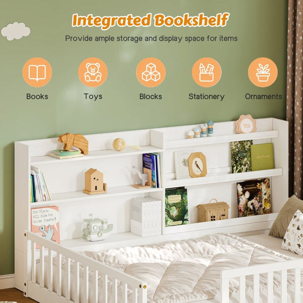 English Elm Twin Montessori Floor Bed Solid Pine Frame with Bookshelf Rails and Wide Entry Twin White W1820P416393