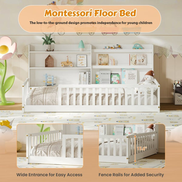 English Elm Twin Montessori Floor Bed Solid Pine Frame with Bookshelf Rails and Wide Entry Twin White W1820P416393