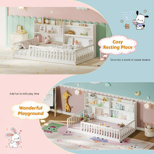 English Elm Twin Montessori Floor Bed Solid Pine Frame with Bookshelf Rails and Wide Entry Twin White W1820P416393
