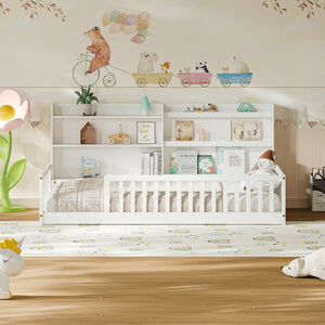 English Elm Twin Montessori Floor Bed Solid Pine Frame with Bookshelf Rails and Wide Entry Twin White W1820P416393