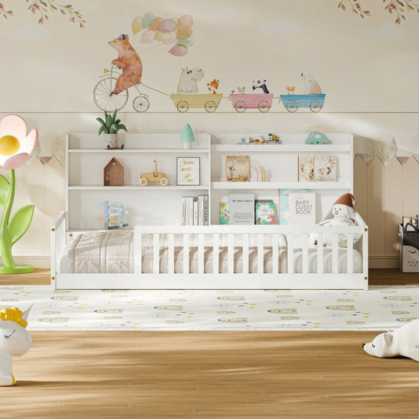English Elm Twin Montessori Floor Bed Solid Pine Frame with Bookshelf Rails and Wide Entry Twin White W1820P416393