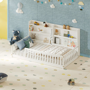 English Elm Twin Montessori Floor Bed Solid Pine Frame with Bookshelf Rails and Wide Entry Twin White W1820P416393
