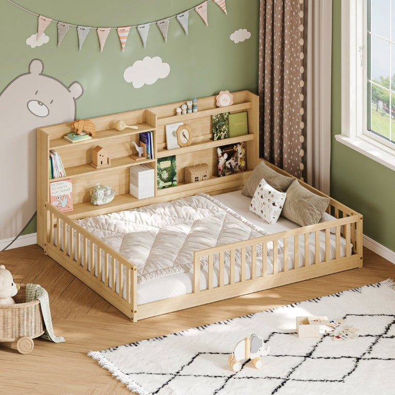 English Elm Twin Montessori Floor Bed Solid Pine Frame with Bookshelf Rails and Wide Entry Full Natural W1820P416394