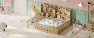 English Elm Twin Montessori Floor Bed Solid Pine Frame with Bookshelf Rails and Wide Entry Full Natural W1820P416394