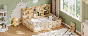 English Elm Twin Montessori Floor Bed Solid Pine Frame with Bookshelf Rails and Wide Entry Full Natural W1820P416394