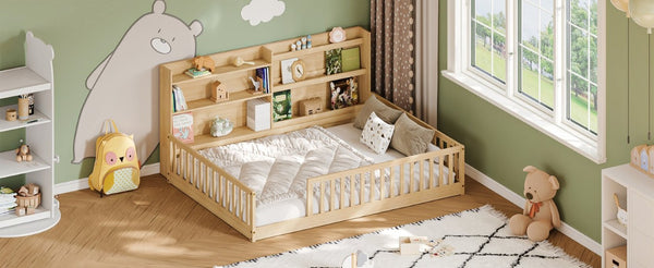 English Elm Twin Montessori Floor Bed Solid Pine Frame with Bookshelf Rails and Wide Entry Full Natural W1820P416394