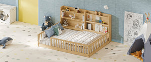 English Elm Twin Montessori Floor Bed Solid Pine Frame with Bookshelf Rails and Wide Entry Full Natural W1820P416394
