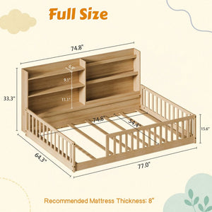 English Elm Twin Montessori Floor Bed Solid Pine Frame with Bookshelf Rails and Wide Entry Full Natural W1820P416394