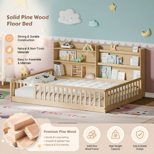 English Elm Twin Montessori Floor Bed Solid Pine Frame with Bookshelf Rails and Wide Entry Full Natural W1820P416394