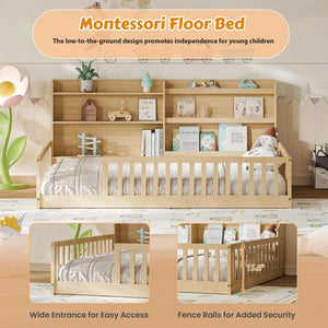 English Elm Twin Montessori Floor Bed Solid Pine Frame with Bookshelf Rails and Wide Entry Full Natural W1820P416394