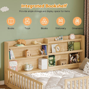 English Elm Twin Montessori Floor Bed Solid Pine Frame with Bookshelf Rails and Wide Entry Full Natural W1820P416394