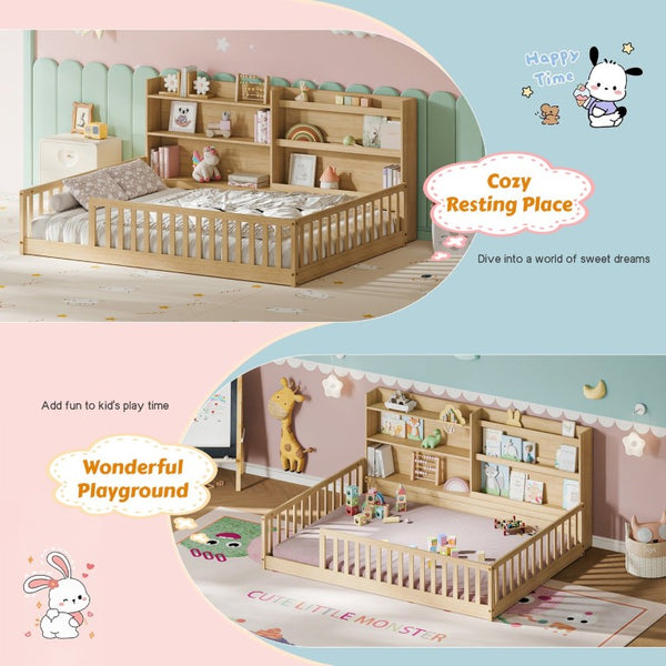 English Elm Twin Montessori Floor Bed Solid Pine Frame with Bookshelf Rails and Wide Entry Full Natural W1820P416394