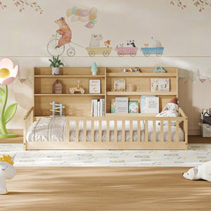 English Elm Twin Montessori Floor Bed Solid Pine Frame with Bookshelf Rails and Wide Entry Full Natural W1820P416394