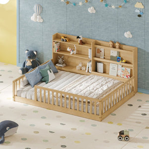 English Elm Twin Montessori Floor Bed Solid Pine Frame with Bookshelf Rails and Wide Entry Full Natural W1820P416394