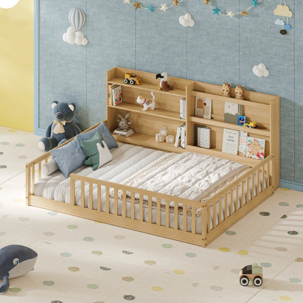 English Elm Twin Montessori Floor Bed Solid Pine Frame with Bookshelf Rails and Wide Entry Full Natural W1820P416394