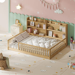 English Elm Twin Montessori Floor Bed Solid Pine Frame with Bookshelf Rails and Wide Entry Full Natural W1820P416394