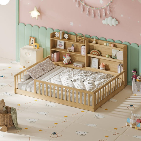 English Elm Twin Montessori Floor Bed Solid Pine Frame with Bookshelf Rails and Wide Entry Full Natural W1820P416394