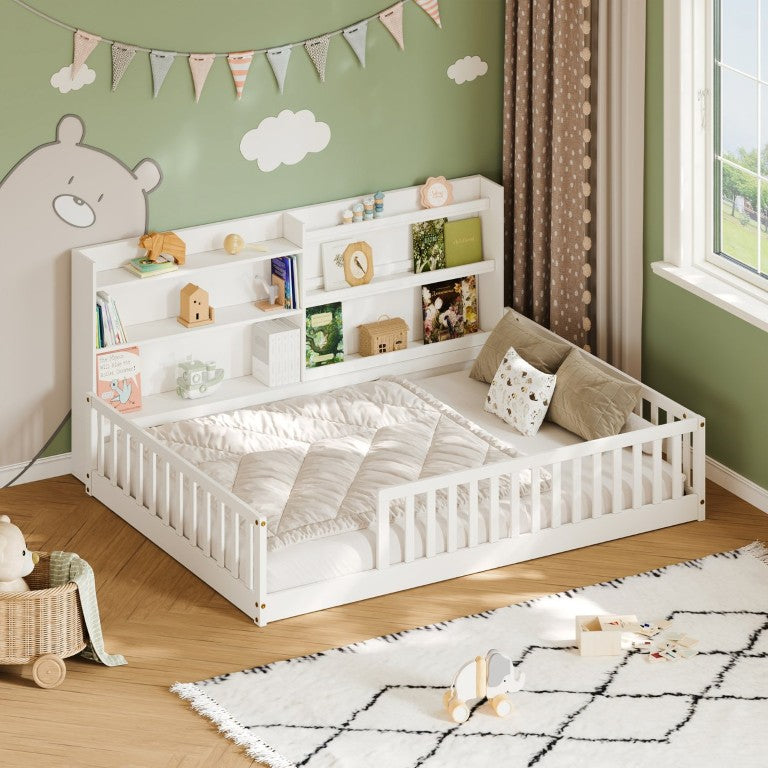 English Elm Full Montessori Pine Wood Floor Bed with Bookshelf Rails and Wide Entry for Kids W1820P416395