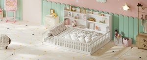 English Elm Full Montessori Pine Wood Floor Bed with Bookshelf Rails and Wide Entry for Kids W1820P416395