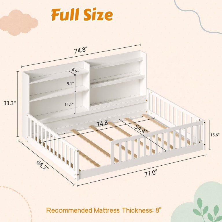 English Elm Full Montessori Pine Wood Floor Bed with Bookshelf Rails and Wide Entry for Kids W1820P416395