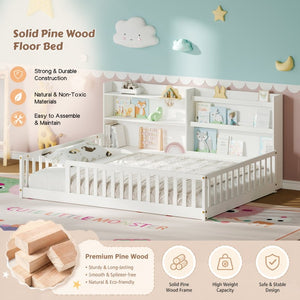 English Elm Full Montessori Pine Wood Floor Bed with Bookshelf Rails and Wide Entry for Kids W1820P416395