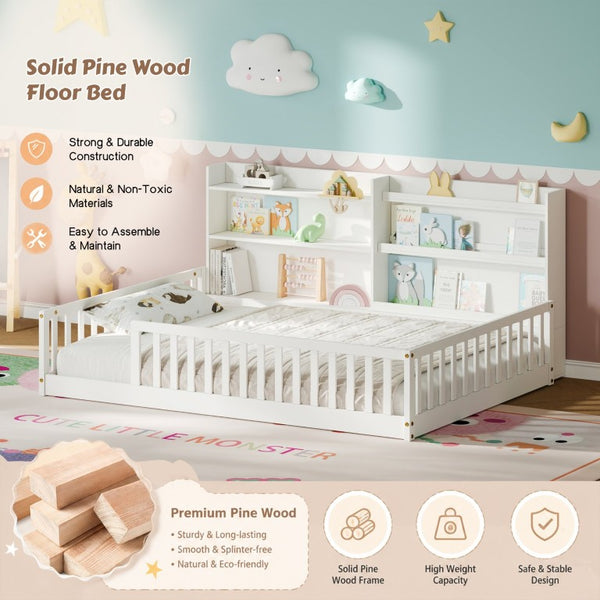 English Elm Full Montessori Pine Wood Floor Bed with Bookshelf Rails and Wide Entry for Kids W1820P416395