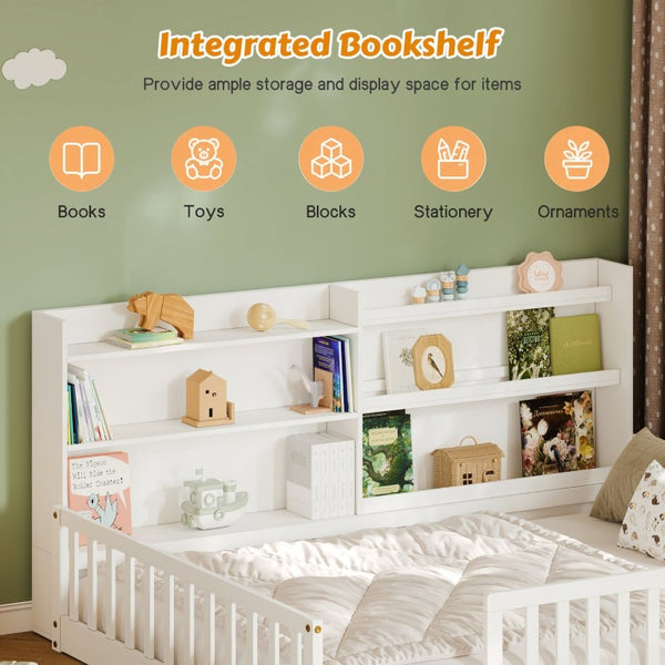English Elm Full Montessori Pine Wood Floor Bed with Bookshelf Rails and Wide Entry for Kids W1820P416395
