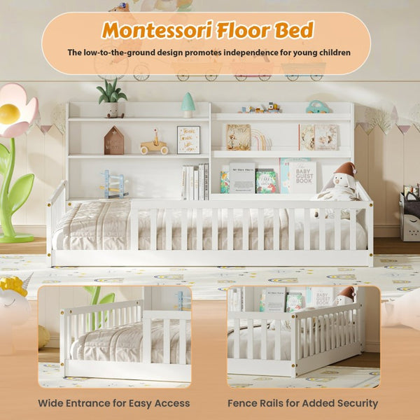 English Elm Full Montessori Pine Wood Floor Bed with Bookshelf Rails and Wide Entry for Kids W1820P416395