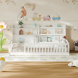 English Elm Full Montessori Pine Wood Floor Bed with Bookshelf Rails and Wide Entry for Kids W1820P416395