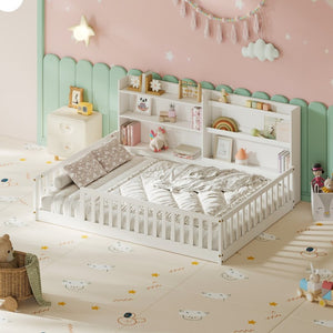 English Elm Full Montessori Pine Wood Floor Bed with Bookshelf Rails and Wide Entry for Kids W1820P416395