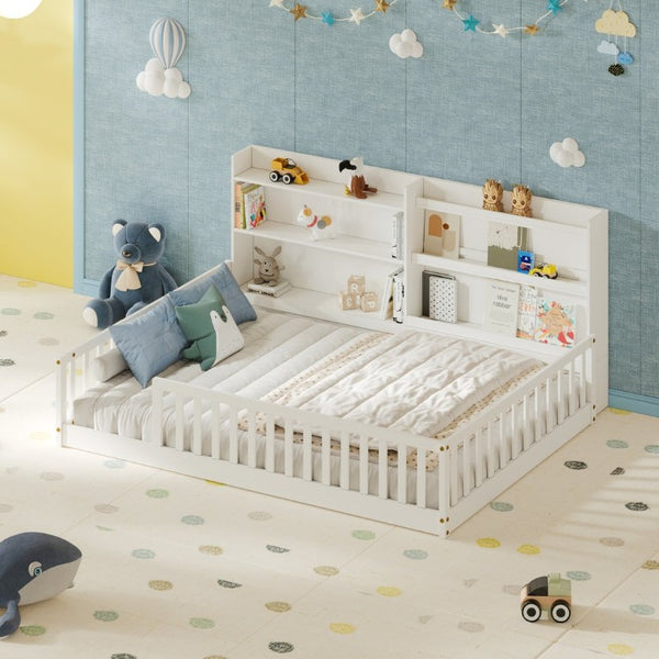 English Elm Full Montessori Pine Wood Floor Bed with Bookshelf Rails and Wide Entry for Kids W1820P416395